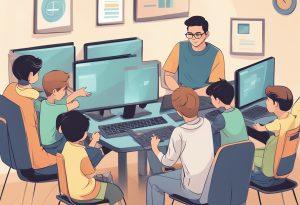 Parents and teachers guiding students about online gaming risks and responsible internet use